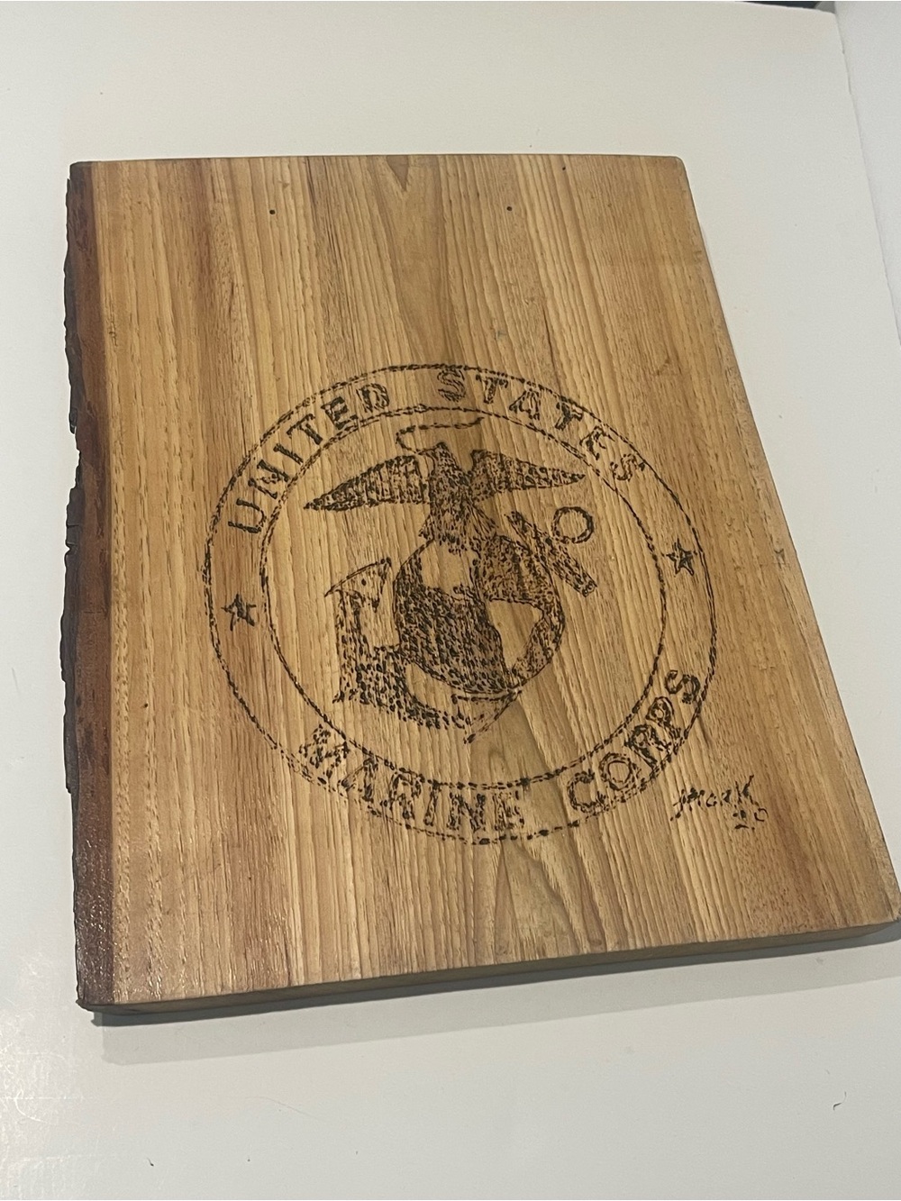 Rustic Live Edge Wooden clip Board with US Marine Corps Seal custom made engrave